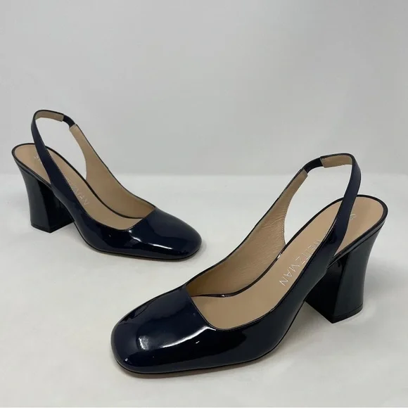Stuart Weitzman Curveblock 85 Slingback Block Heel Pump in Patent Leather - NWT